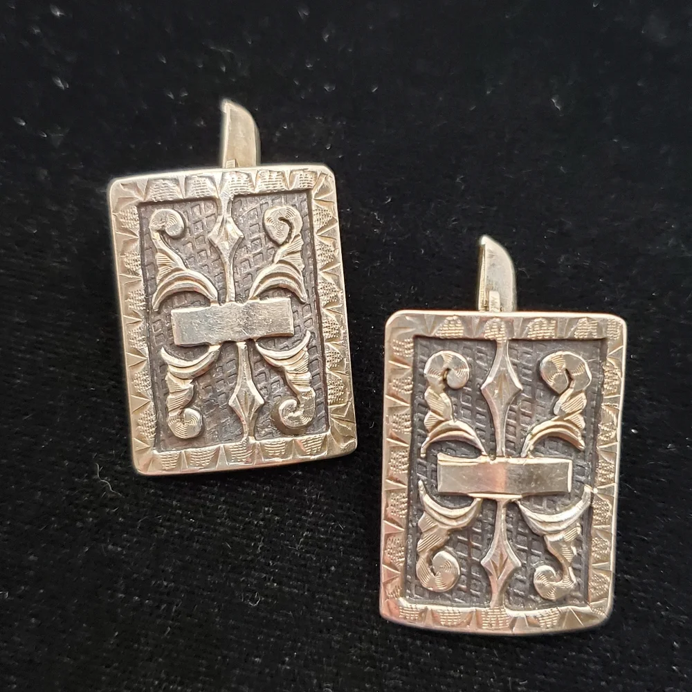 Vintage Signed Mexican Sterling Cufflinks Carved Oxidized Fancy Classic Large